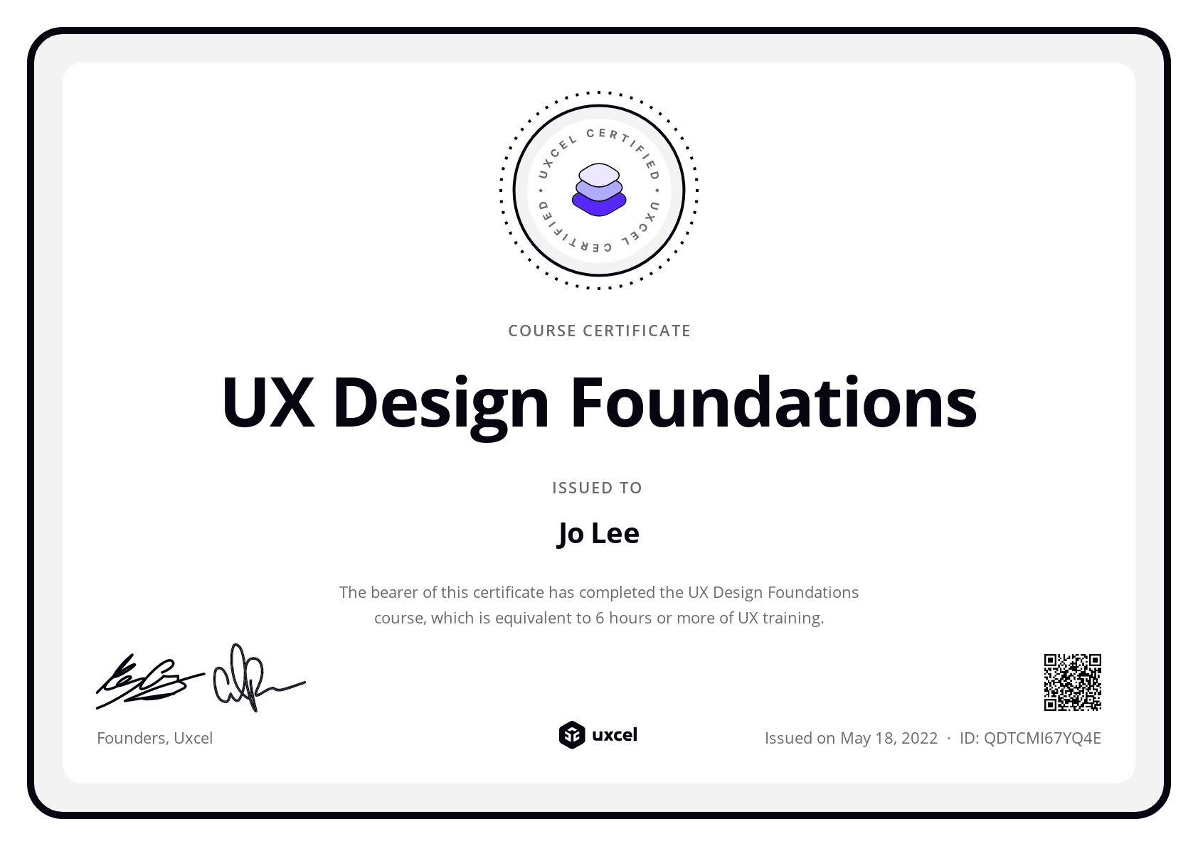 Jo Lee's certificate